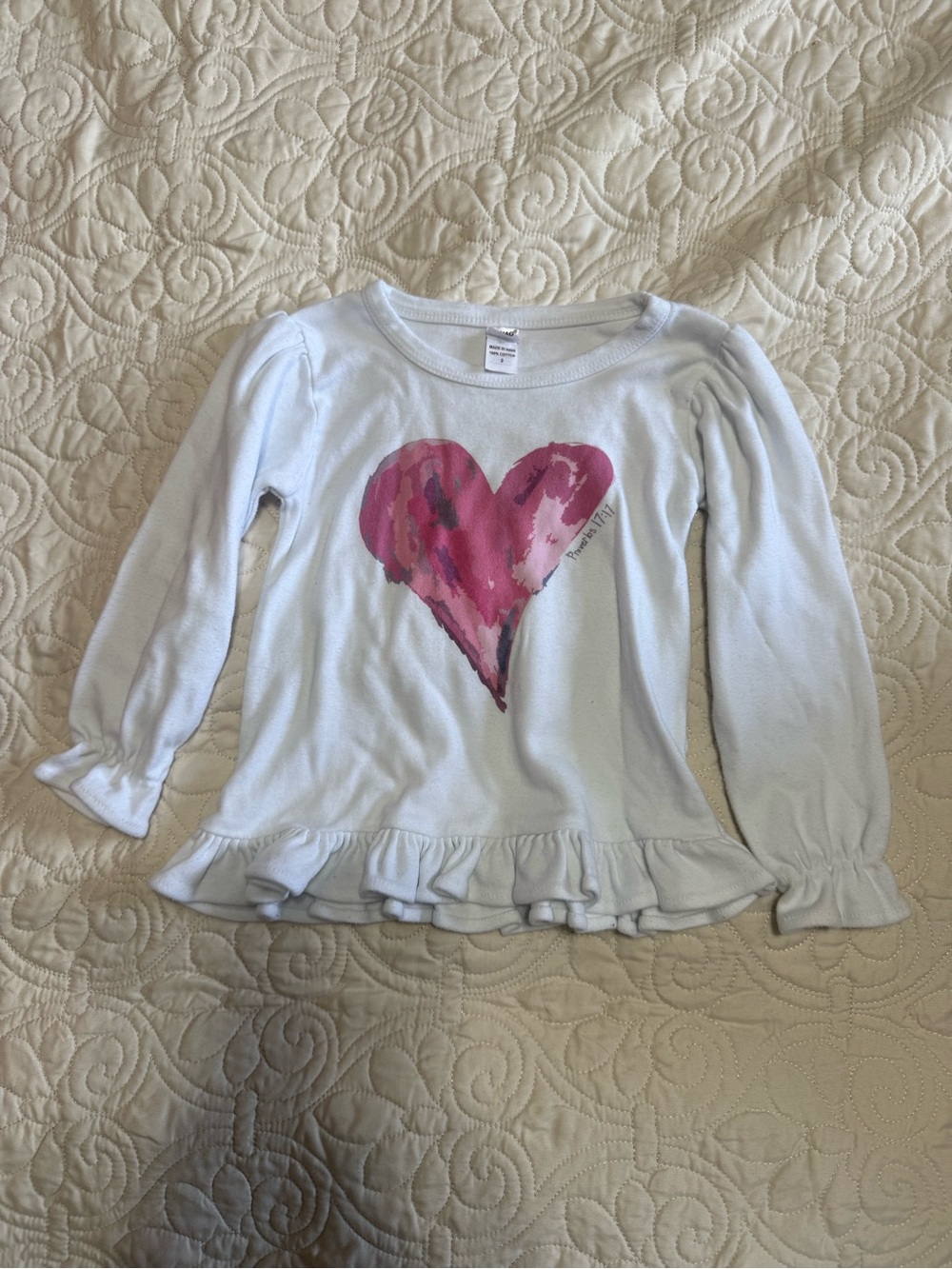 Girls' 2T White Long-Sleeve ruffle Top with Pink Heart Graphic Psalms 17:17